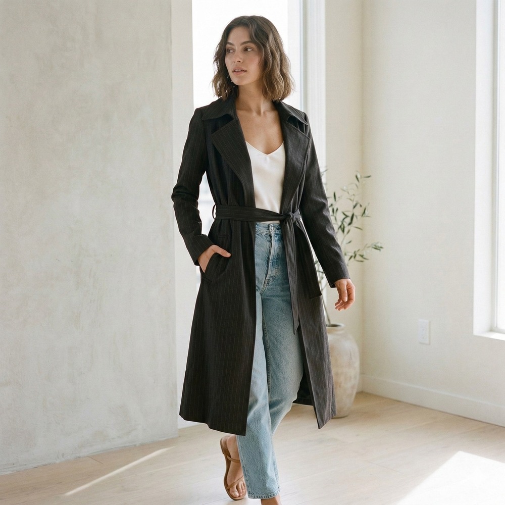 A.L.C. Trench Coat Womens Small Pinstripe Black Blue Stripe Belted Long Jacket